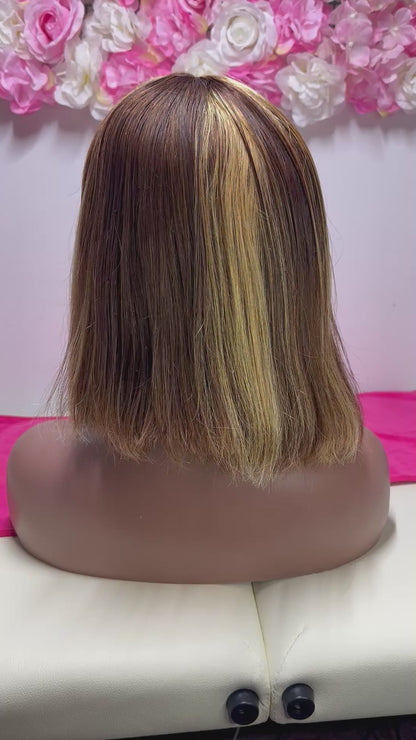 Parrucca Bob Corta Dritta in Capelli Umani Remy Biondo Miele, Lace Trasparente 4x4, Densità 150%, Lunghezza 14 Pollici